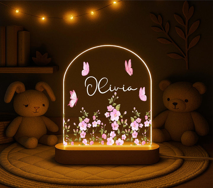 Personalized Butterfly Night Light – Custom Name Floral LED Lamp, Girls Room Decor, Birthday or Nursery Gift