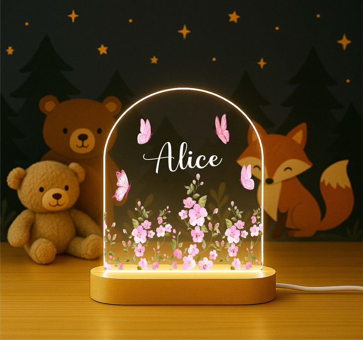 Personalized Pink Butterfly & Floral Night Light, Custom Name