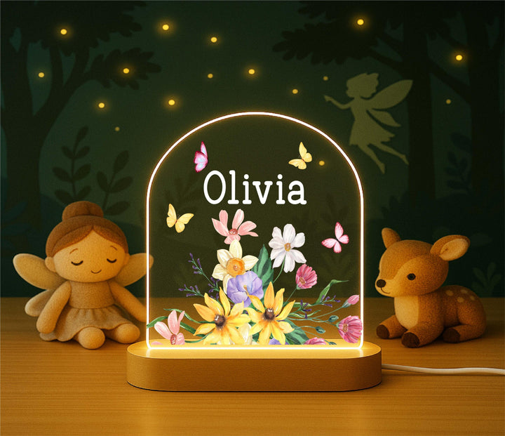 Personalized Wildflower Night Light – Custom Name Floral LED Lamp, Butterfly Bedroom Decor, Birthday or Nursery Gift
