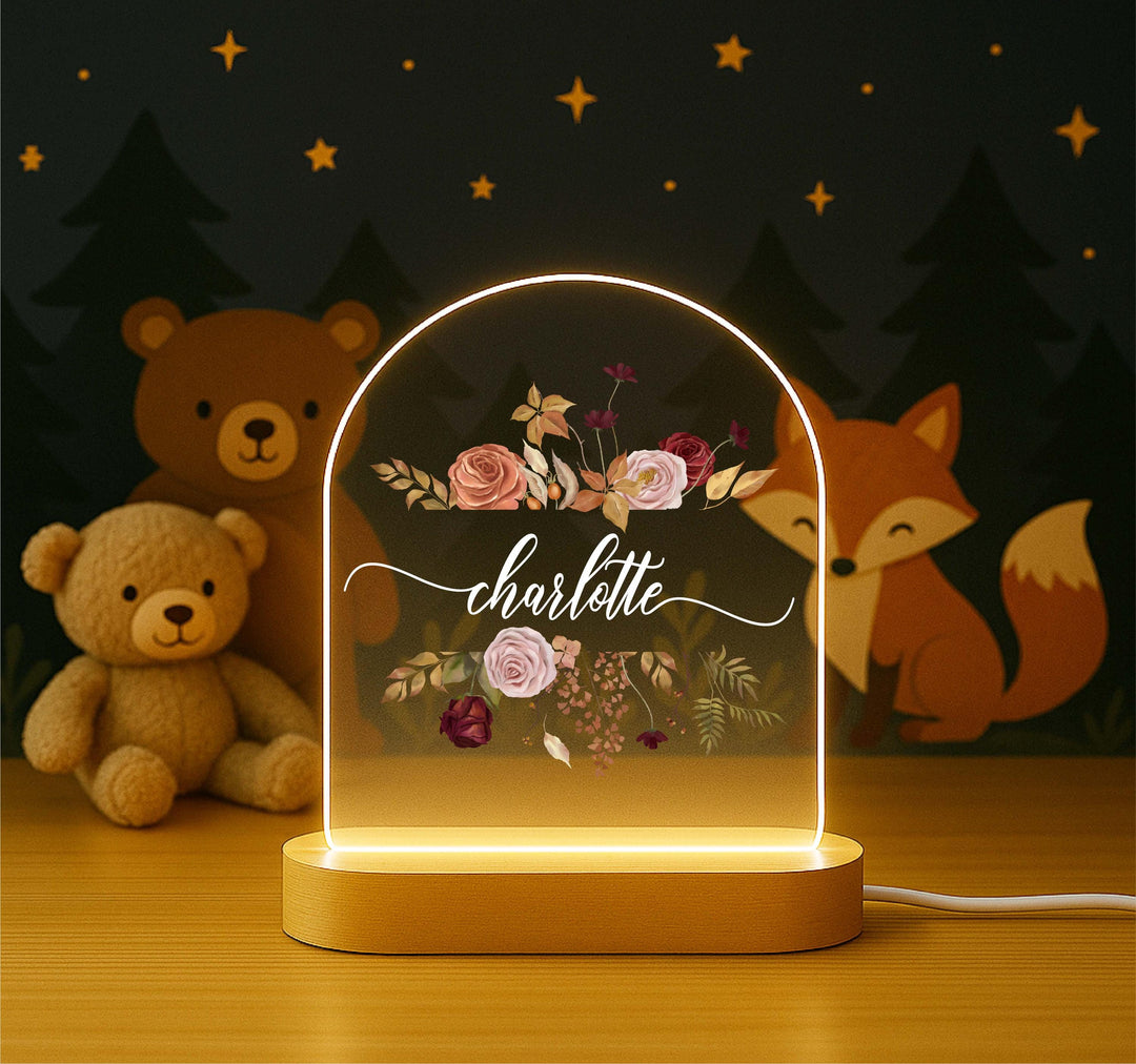 Personalized Rose Night Light – Custom Name Floral LED Lamp, Rustic Nursery Decor, Birthday or Baby Shower Gift