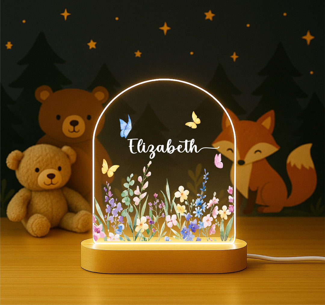 Personalized Butterfly Meadow Night Light – Custom Name Floral LED Lamp, Woodland Bedroom Decor, Birthday or Nursery Gift
