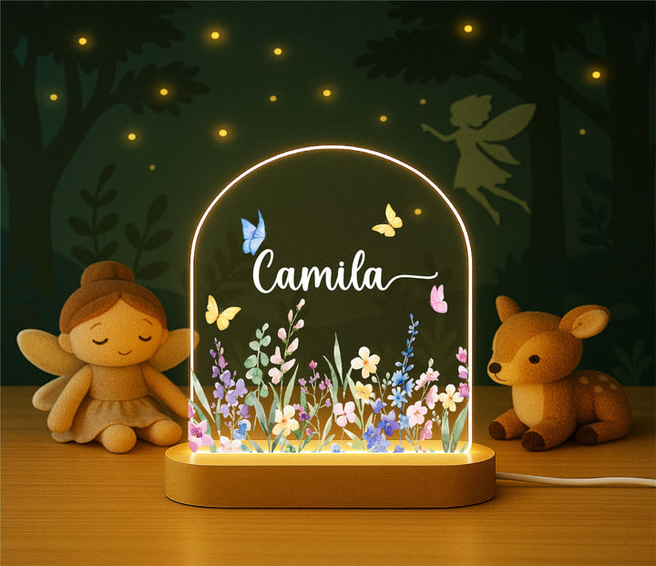 Personalized Butterfly Meadow Night Light – Custom Name Floral LED Lamp, Woodland Bedroom Decor, Birthday or Nursery Gift