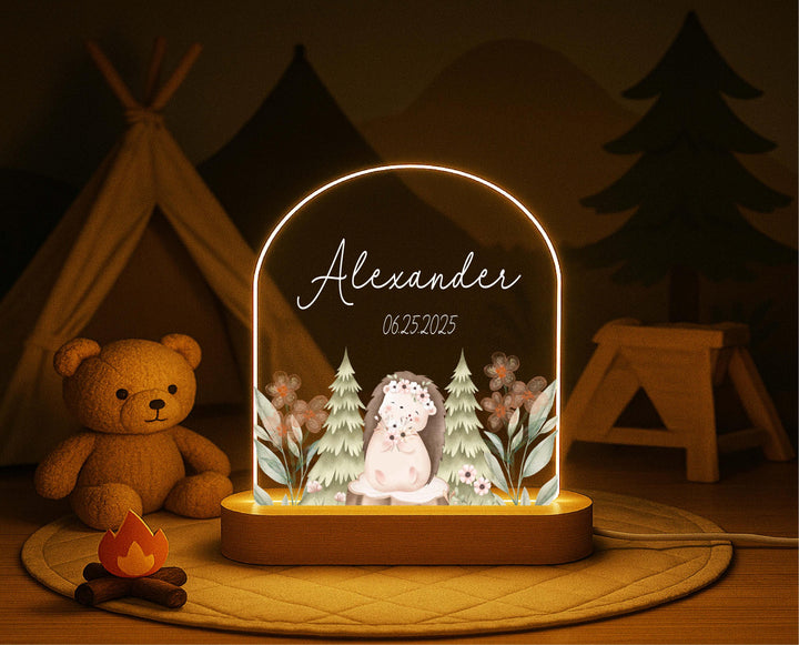 Woodland Animal Night Light – Personalized Hedgehog LED Lamp, Custom Name Baby Gift, Nursery Decor, Baptism or Birthday Keepsake