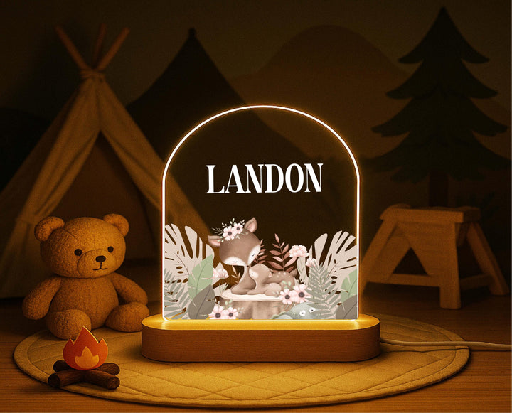 Personalized Woodland Deer Night Light – Custom Name Baby LED Lamp, Forest Animal Nursery Decor, Baby Shower or Baptism Gift kids Holiday