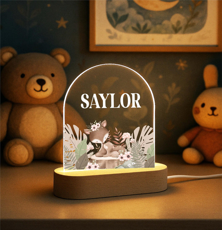 Personalized Woodland Deer Night Light – Custom Name Baby LED Lamp, Forest Animal Nursery Decor, Baby Shower or Baptism Gift kids Holiday