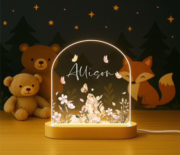 Personalized Woodland Bunny Night Light – Custom Name LED Lamp, Nursery Animal Decor, Baby Shower or Birthday Gift
