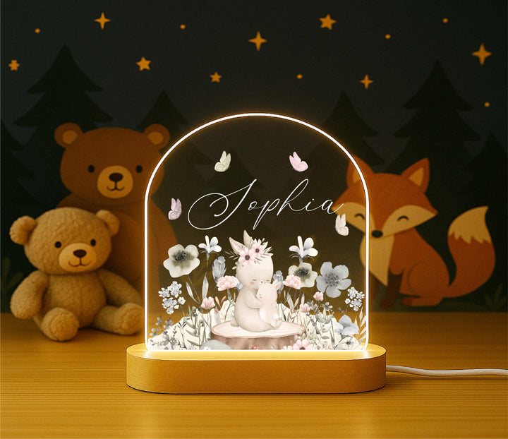 Personalized Bunny Night Light – Custom Name LED Lamp, Woodland Nursery Decor, Baby Shower Gift, Animal Night Lamp for Kids
