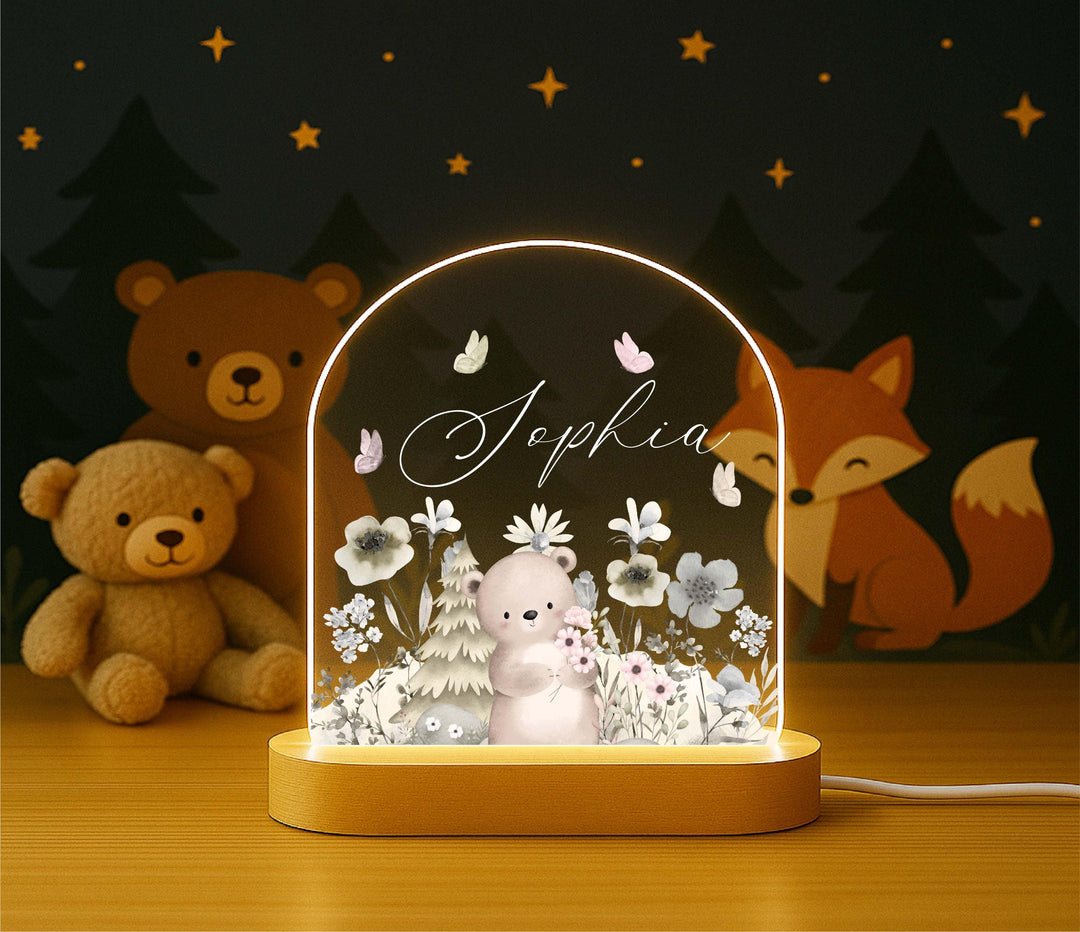 Personalized Bear Night Light – Custom Name Woodland LED Lamp, Nursery Decor, Baby Shower Gift, Animal Bedroom Light for Kids