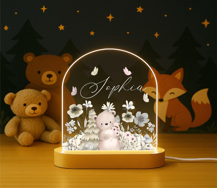 Personalized Bear Night Light – Custom Name Woodland LED Lamp, Nursery Decor, Baby Shower Gift, Animal Bedroom Light for Kids