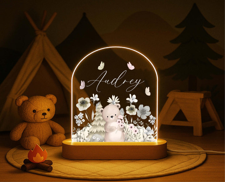 Personalized Bear Night Light – Custom Name Woodland LED Lamp, Nursery Decor, Baby Shower Gift, Animal Bedroom Light for Kids