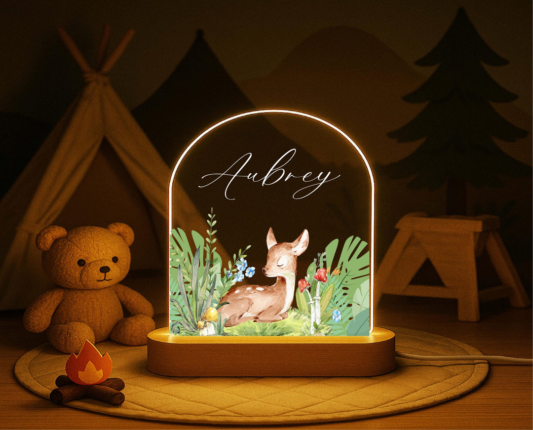 Personalized Deer Night Light – Custom Name Woodland LED Lamp, Nursery Decor, Baby Shower Gift, Animal Night Light for Kids