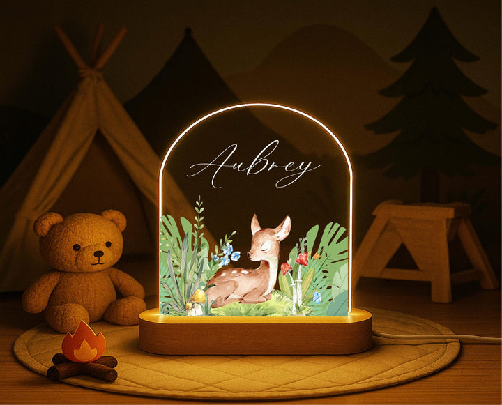 Personalized Deer Night Light – Custom Name Woodland LED Lamp, Nursery Decor, Baby Shower Gift, Animal Night Light for Kids