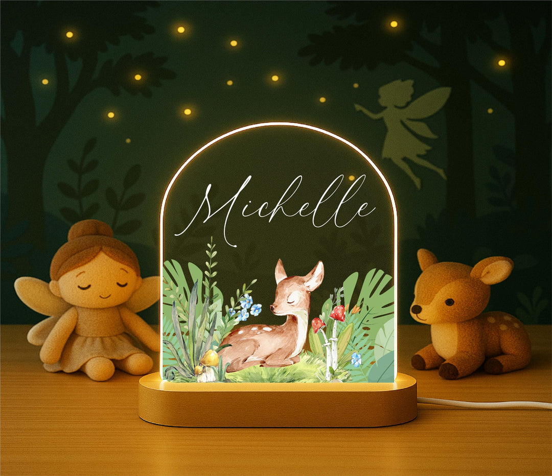 Personalized Deer Night Light – Custom Name Woodland LED Lamp, Nursery Decor, Baby Shower Gift, Animal Night Light for Kids