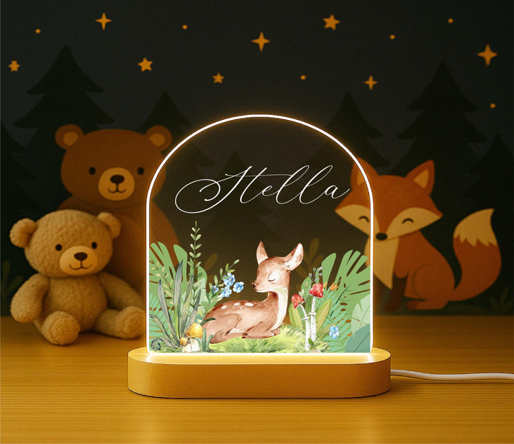 Personalized Deer Night Light – Custom Name Woodland LED Lamp, Nursery Decor, Baby Shower Gift, Animal Night Light for Kids
