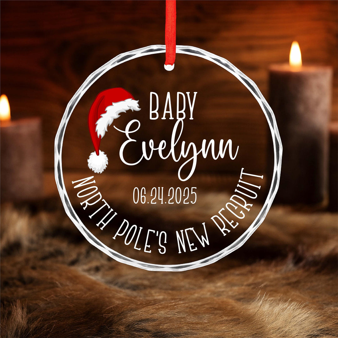 Baby’s First Christmas Ornament 2025 – Personalized “North Pole’s New Recruit” Glass Ornament, Custom Name &amp; Date Gift