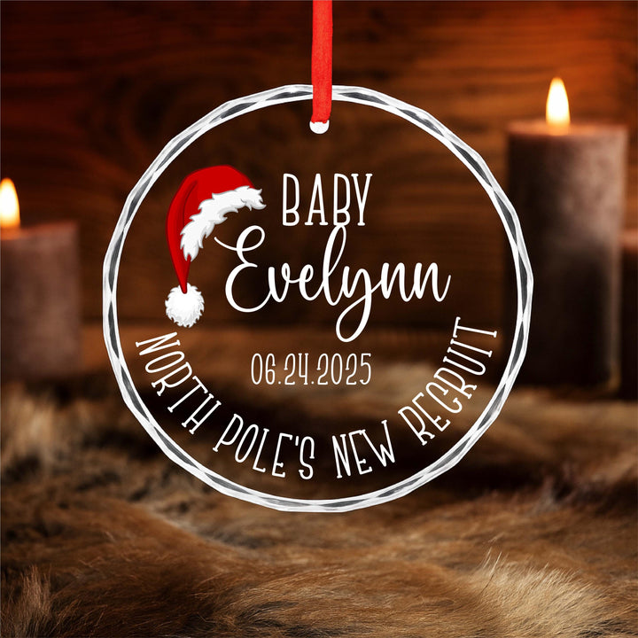 Baby’s First Christmas Ornament 2025 – Personalized “North Pole’s New Recruit” Glass Ornament, Custom Name &amp; Date Gift