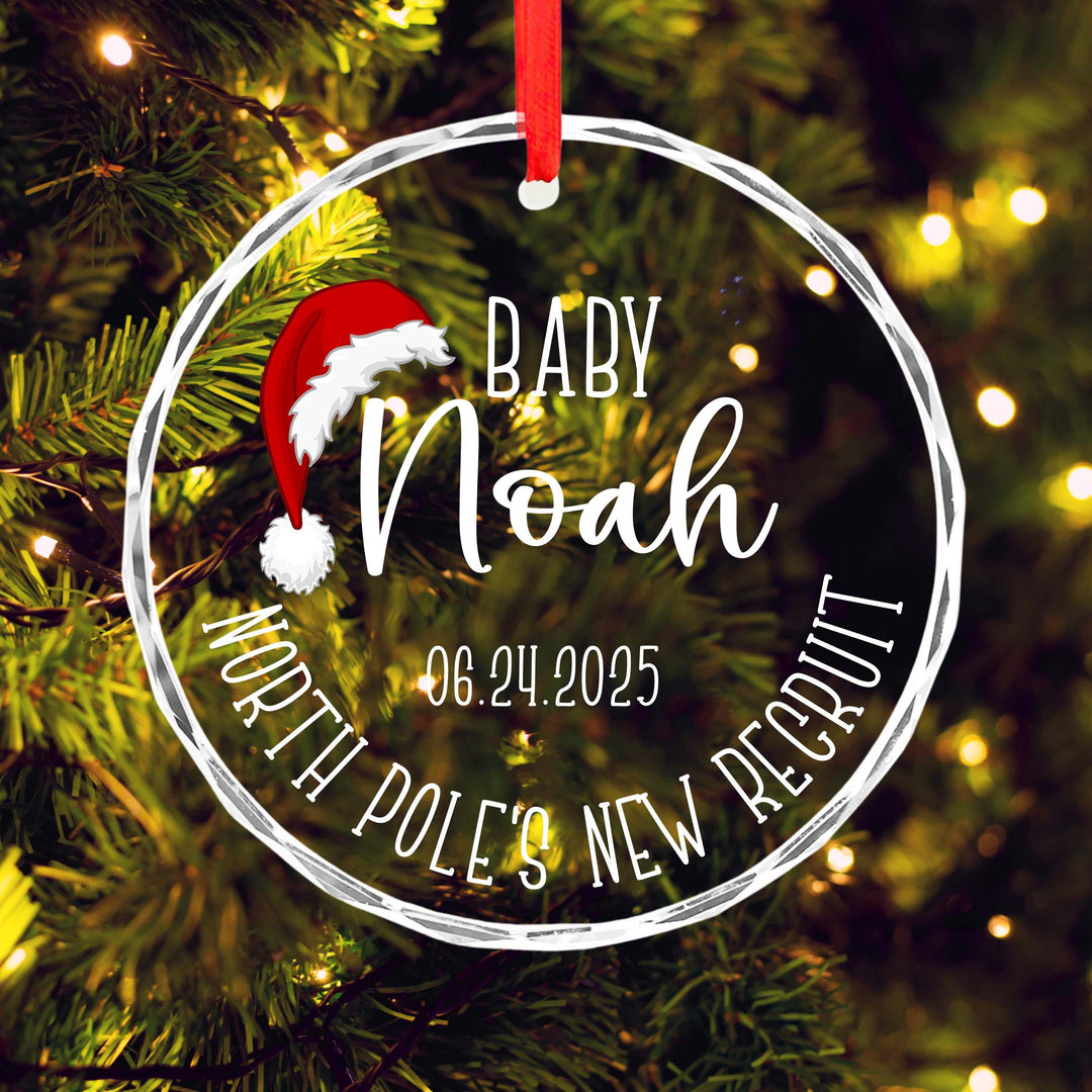 Baby’s First Christmas Ornament 2025 – Personalized “North Pole’s New Recruit” Glass Ornament, Custom Name &amp; Date Gift