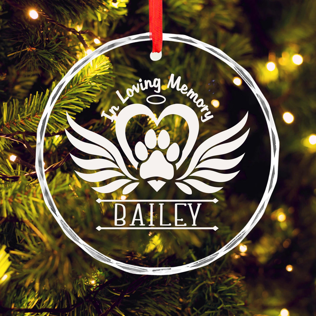 Pet Memorial Ornament – Personalized Laser Engraved Angel Wings Paw Print Glass Keepsake, In Loving Memory Christmas Gift