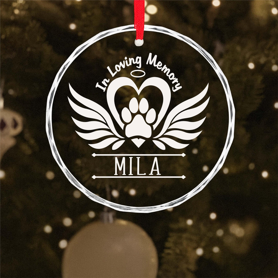 Pet Memorial Ornament – Personalized Laser Engraved Angel Wings Paw Print Glass Keepsake, In Loving Memory Christmas Gift