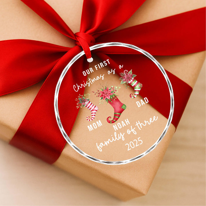 Our First Christmas as a Family of Three Ornament 2025 – Personalized New Parents Ornament with Baby Name, Glass Keepsake Gift