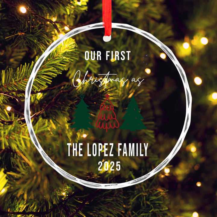 Our First Christmas as Family Ornament 2025 – Personalized Family Name Glass Ornament, Holiday Keepsake Gift