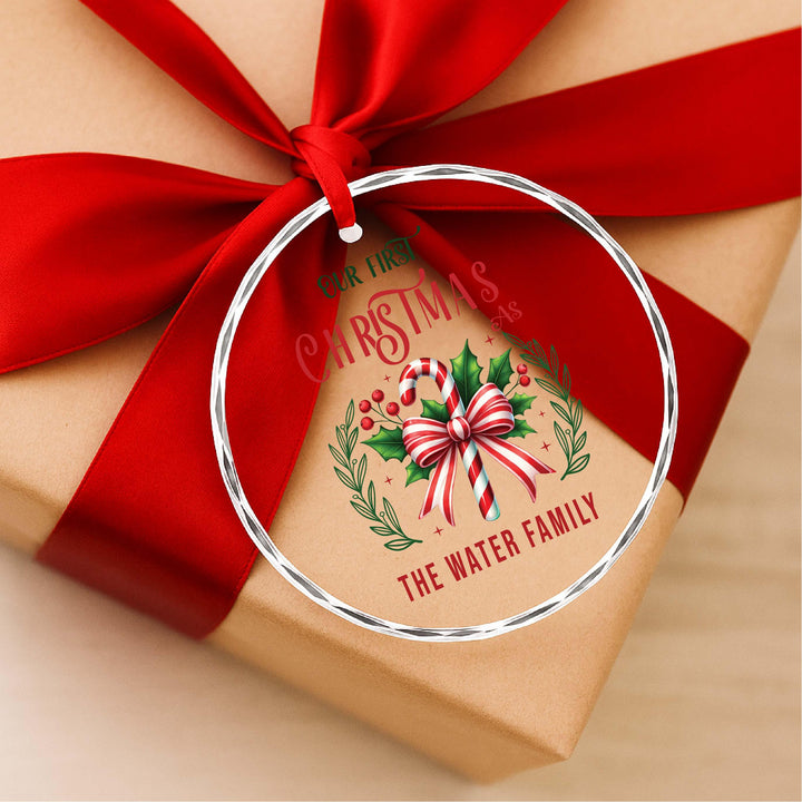 Personalized Candy Cane Glass Ornament 2025, Custom Holiday Gift Our First Christmas as Family Ornament