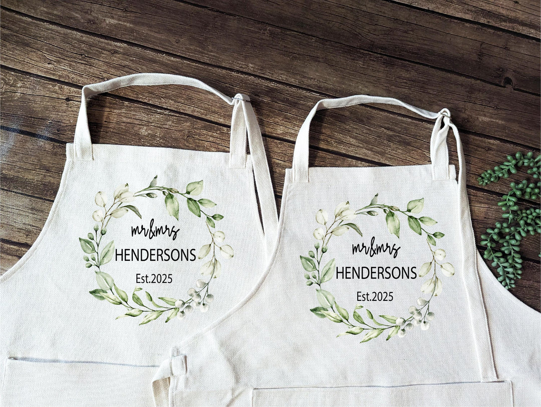 Personalized Mr &amp; Mrs Aprons | Matching Couple Kitchen Gift | Wedding, Anniversary, Newlywed, or Bridal Shower Gift with Custom Name