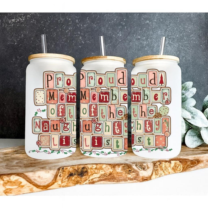 Christmas glass can naughty list tumbler holiday iced coffee cup Holiday drinking glass