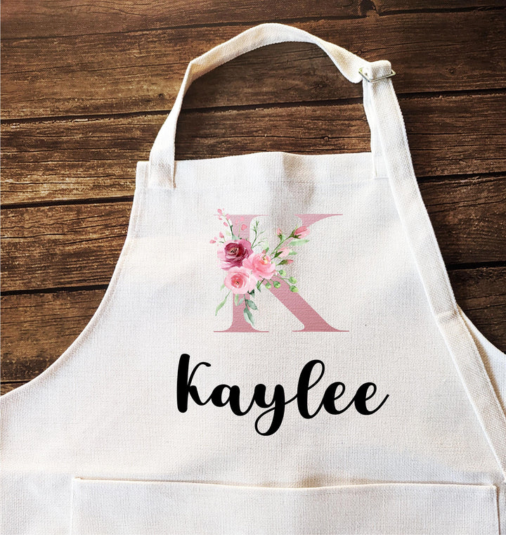 Personalized Christmas gift Apron with Name with initial| Custom Floral Apron for Women &amp; Kids |&nbsp;| Monogram Baking Apron