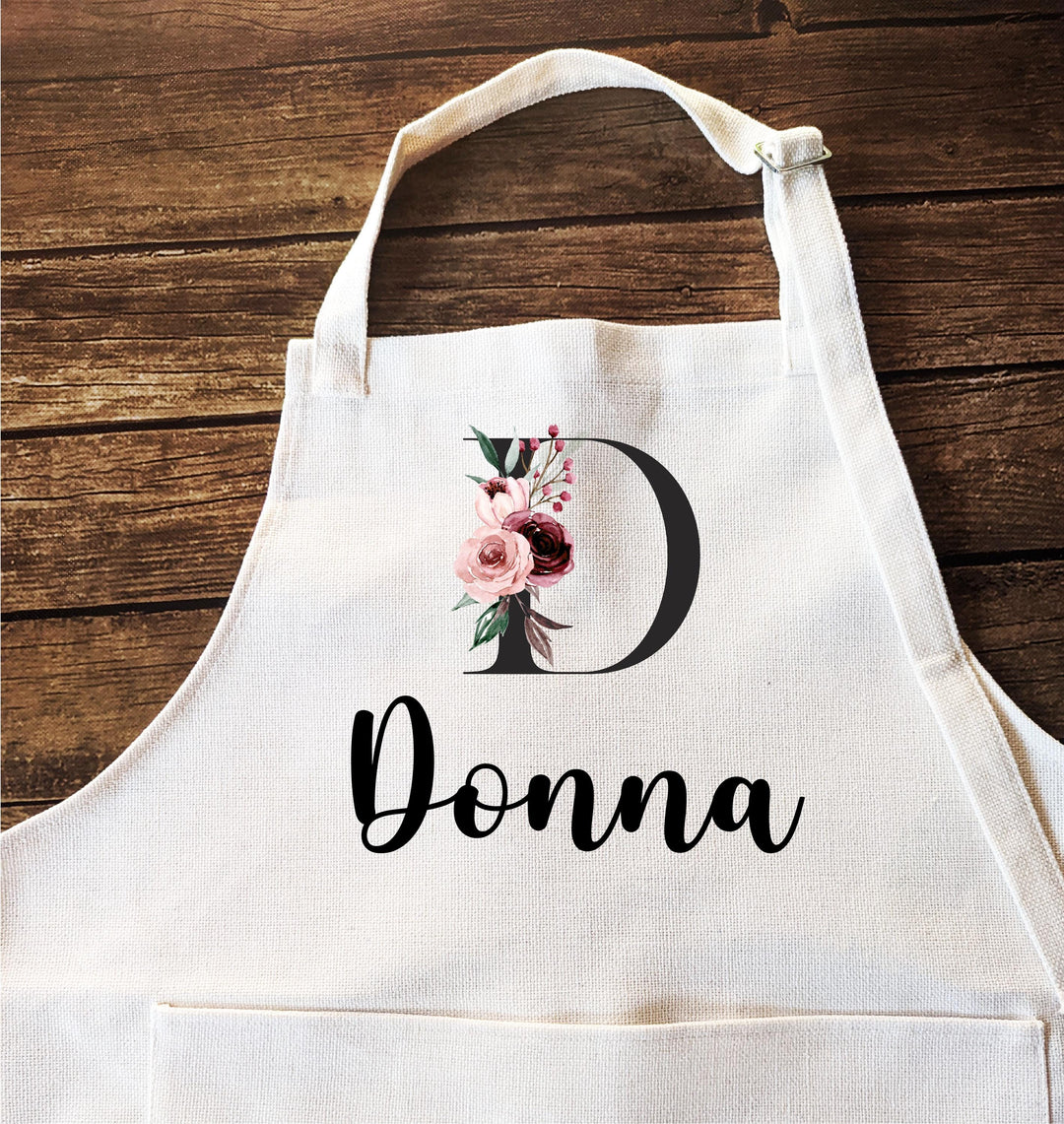 Personalized Apron with Name &amp; Floral Monogram | Custom Apron for Women and&nbsp;Kids | Birthday Gift | Christmas Baking Apron with Pocket