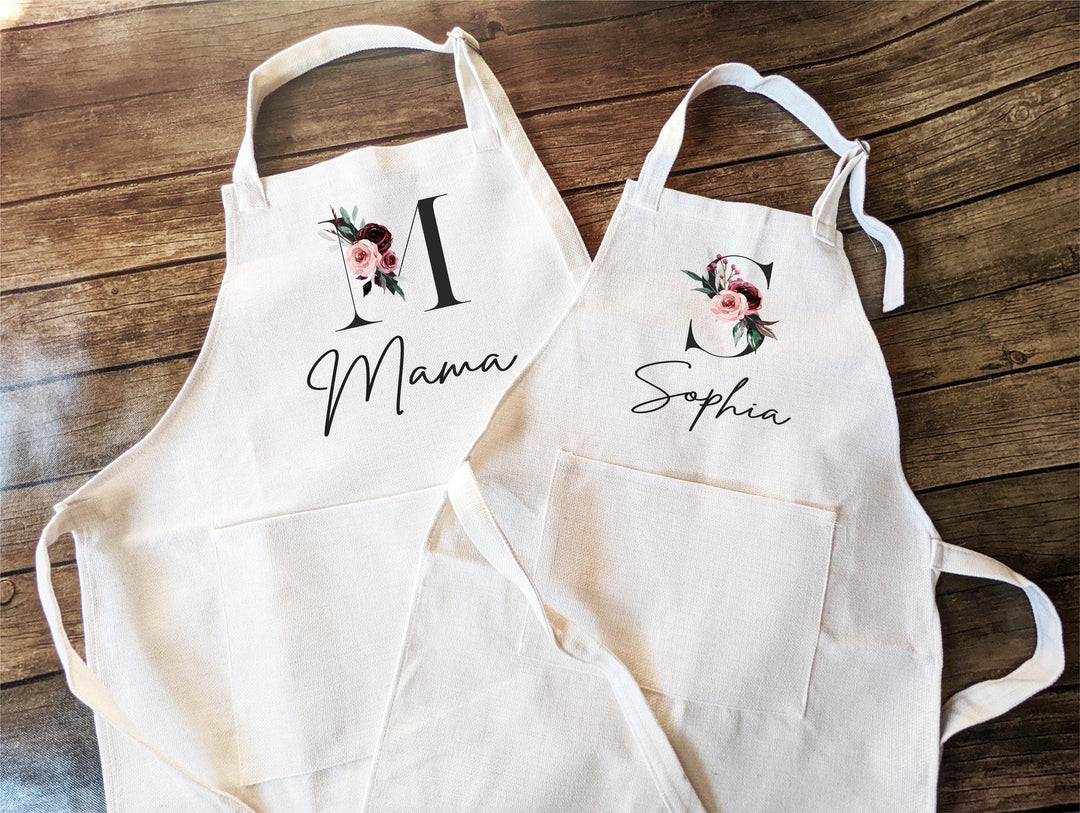 Personalized Apron with Name &amp; Floral Monogram | Custom Apron for Women and&nbsp;Kids | Birthday Gift | Christmas Baking Apron with Pocket