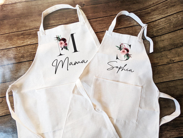 Personalized Apron with Name &amp; Floral Monogram | Custom Apron for Women and&nbsp;Kids | Birthday Gift | Christmas Baking Apron with Pocket