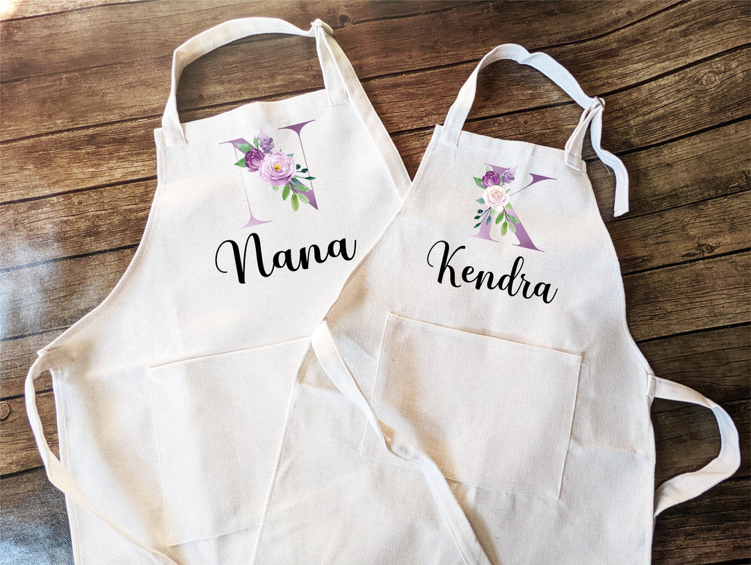 Personalized Apron with Name Floral Monogram&nbsp;Kids gift Custom Kitchen Apron with Pocket | Birthday, Holiday, Mother’s Day