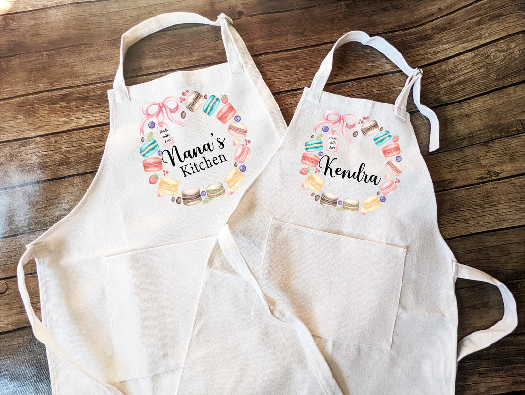 Personalized Macaron Wreath Apron with Name | Baking &amp; Cooking Gift for Nana, Kids, Mother’s Day or Birthday