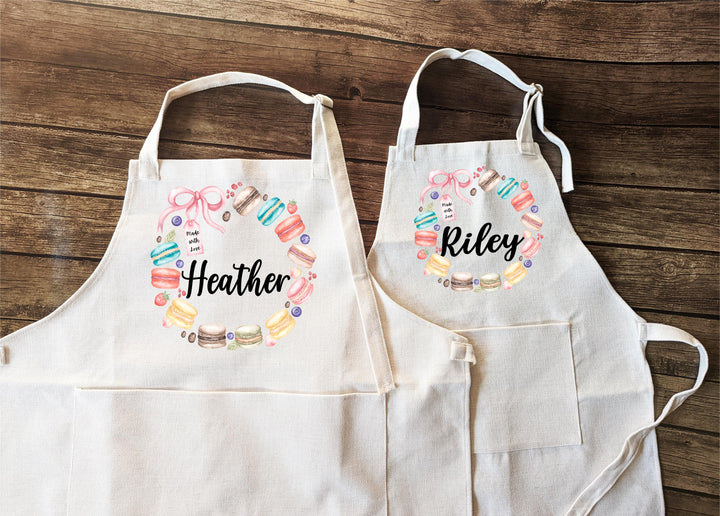 Personalized Macaron Wreath Apron with Name | Baking &amp; Cooking Gift for Nana, Kids, Mother’s Day or Birthday