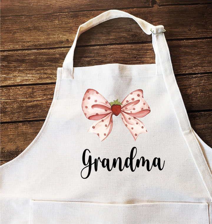 Personalized Strawberry Bow Apron with Name | Custom Cooking &amp; Baking Gift for Nana, Kids, Birthday or Mother’s Day Grandma and Me Aprons
