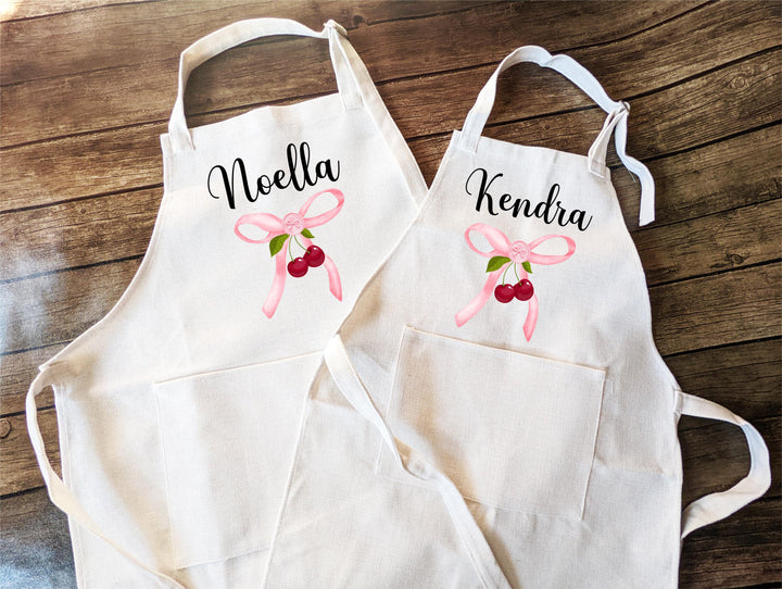 Personalized Cherry Aprons | Custom Name Apron with Bow | Baking &amp; Cooking Gift for Grandma, Mom, Nana, Kids, Mother’s Day or Birthday