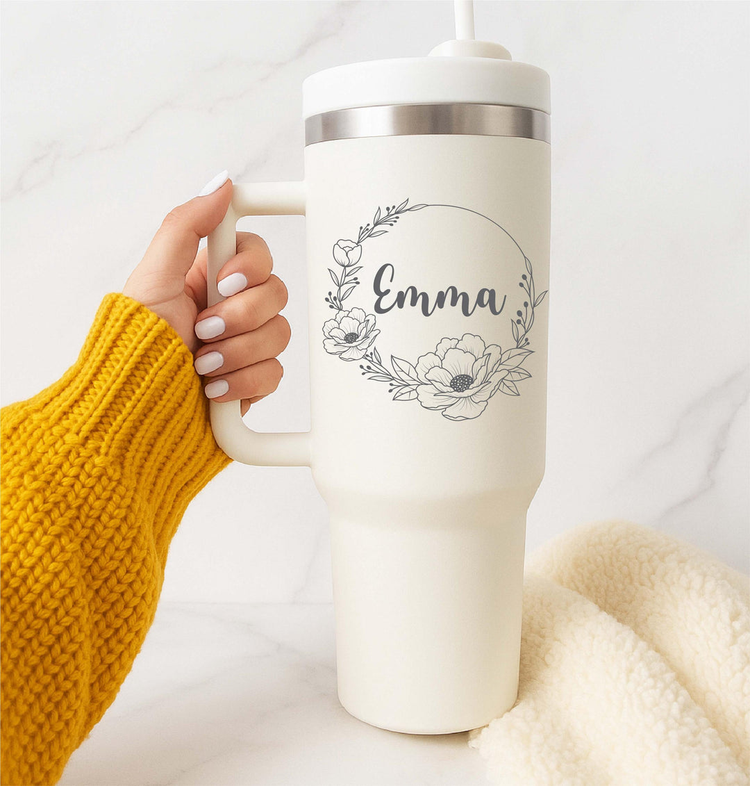 Custom Name&nbsp;Tumbler – Personalized Gift for Mom, Nana, Teacher or Bride – Floral Birth Month Design, Wedding, Birthday, or Christmas Gift