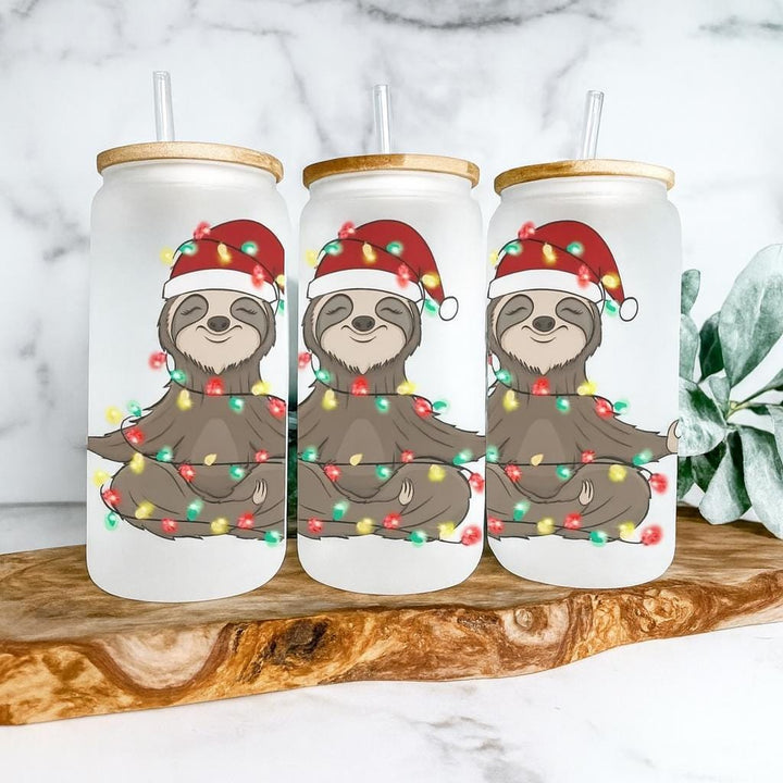 Sloth Christmas Frosted Glass Tumbler with Bamboo Lid &amp; Straw | Cute Holiday Sloth Gift Cup | Santa Sloth Iced Coffee Glass Drinkware
