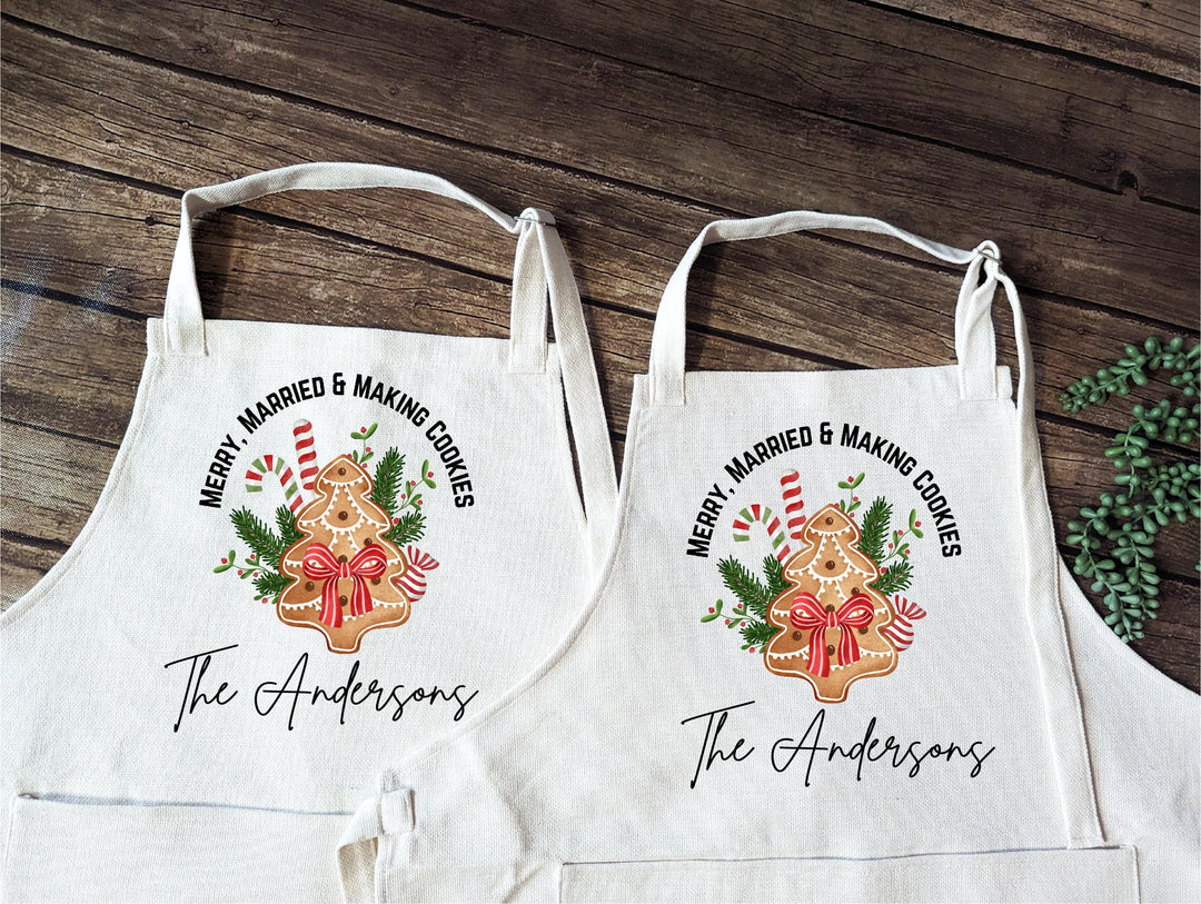 Merry Married &amp; Making Cookies” Holiday Apron Personalized First Christmas Gift for Couples or Mr and Mrs