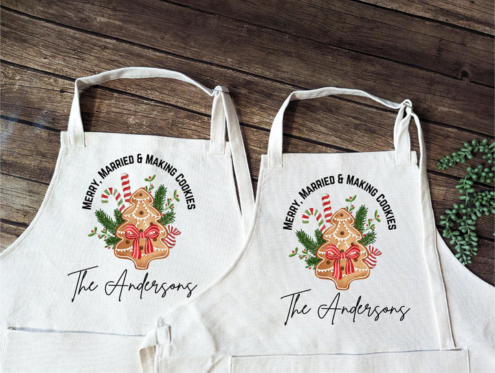 Merry Married &amp; Making Cookies” Holiday Apron Personalized First Christmas Gift for Couples or Mr and Mrs