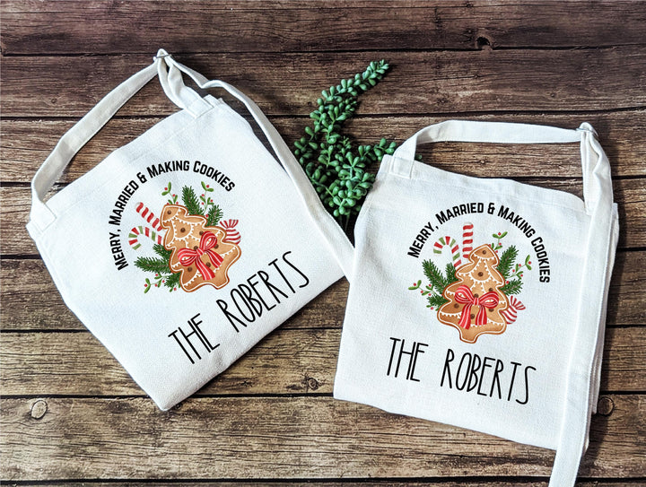 Merry Married &amp; Making Cookies” Holiday Apron Personalized First Christmas Gift for Couples or Mr and Mrs