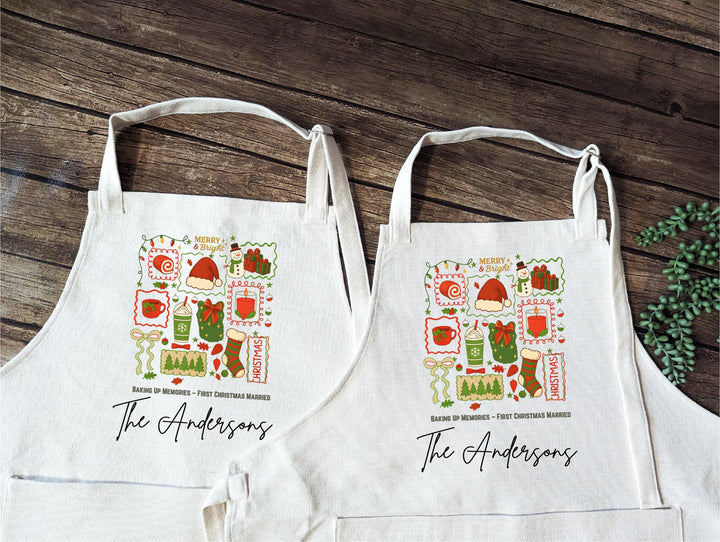 Personalized First Christmas Married Apron&nbsp;Matching Newlywed Holiday Aprons | Custom Couple Baking Gift | Mr &amp; Mrs Christmas Kitchen
