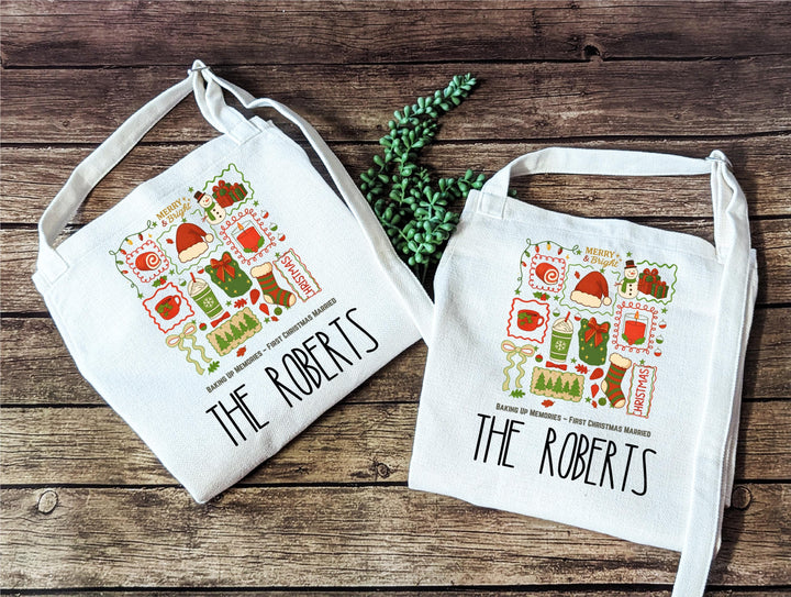 Personalized First Christmas Married Apron&nbsp;Matching Newlywed Holiday Aprons | Custom Couple Baking Gift | Mr &amp; Mrs Christmas Kitchen