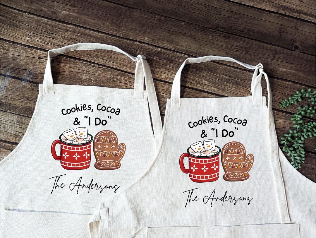 Engaged Couple Christmas Gift Cookies, Cocoa and I Do&nbsp;Newlywed Personalized Aprons&nbsp;Custom Couple&nbsp;First Christmas Married Apron