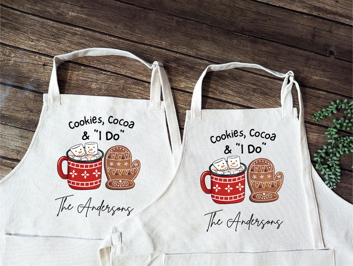 Engaged Couple Christmas Gift Cookies, Cocoa and I Do&nbsp;Newlywed Personalized Aprons&nbsp;Custom Couple&nbsp;First Christmas Married Apron