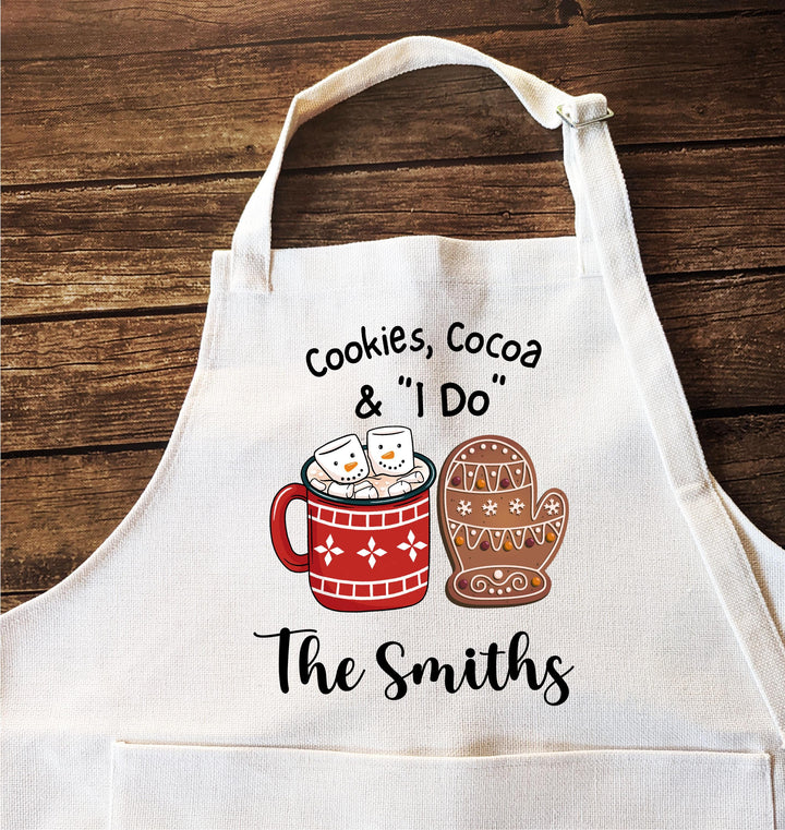 Engaged Couple Christmas Gift Cookies, Cocoa and I Do&nbsp;Newlywed Personalized Aprons&nbsp;Custom Couple&nbsp;First Christmas Married Apron