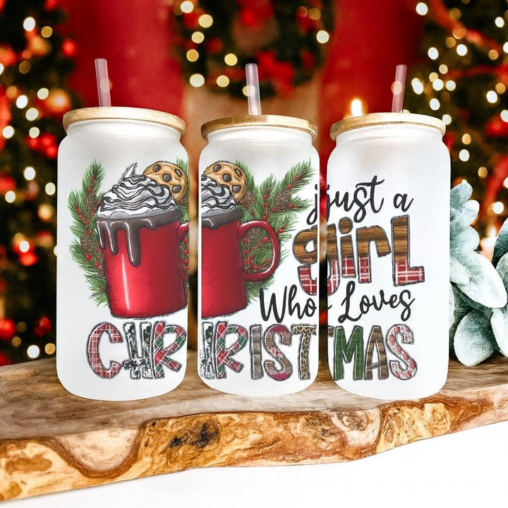 Just a Girl Who Loves Christmas Frosted Glass Cup | Holiday Tumbler with Lid &amp; Straw | Festive Gift for Women&nbsp;Hot Cocoa Lovers