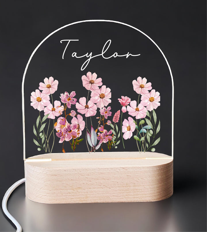 Personalized Floral LED Night Light • Custom Girls Bedroom Lamp • Baby Shower Gift • Birthday or Holiday Keepsake for Kids