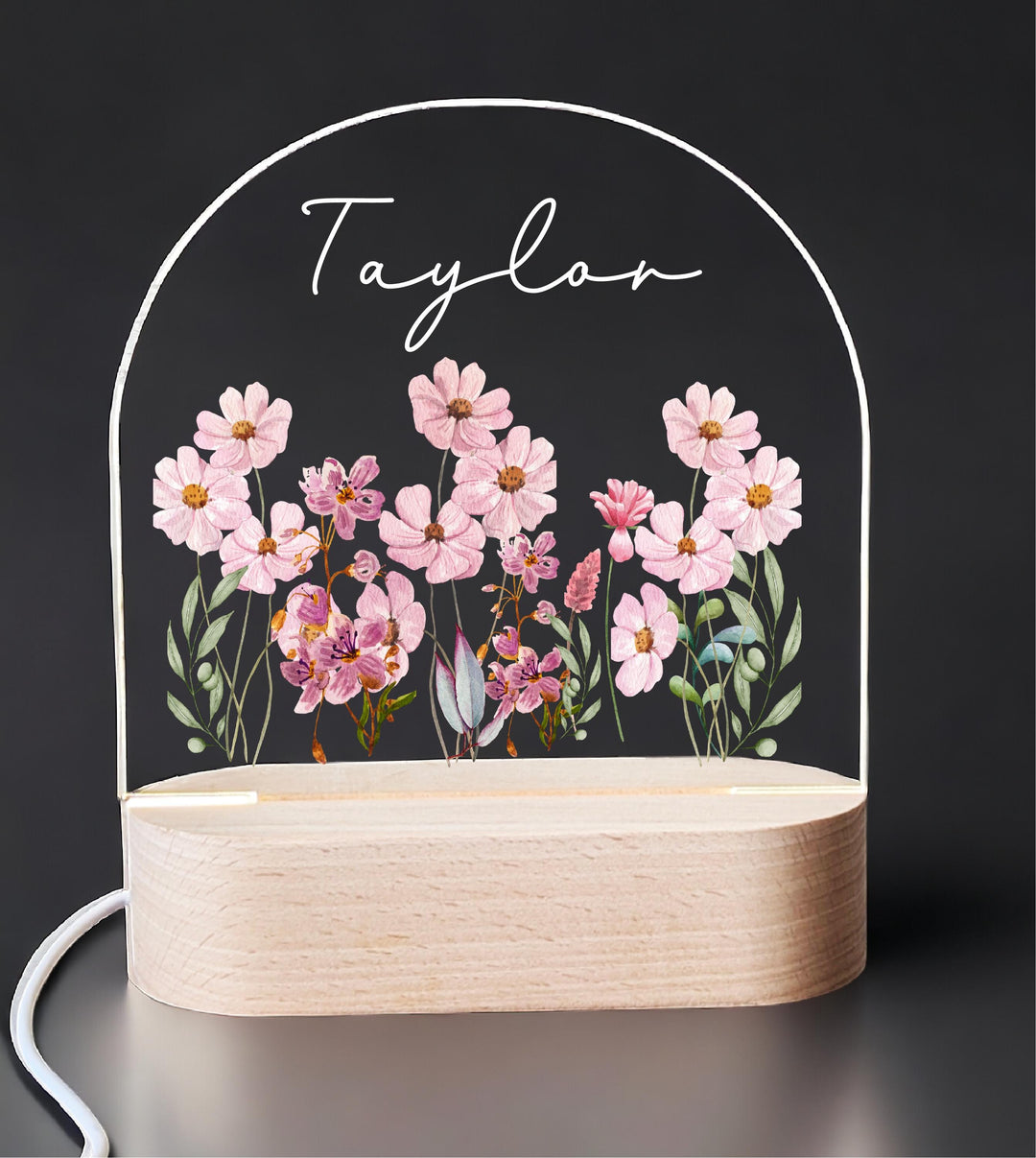 Personalized Pink Floral Night Light, Custom Name, Baby Shower Gift